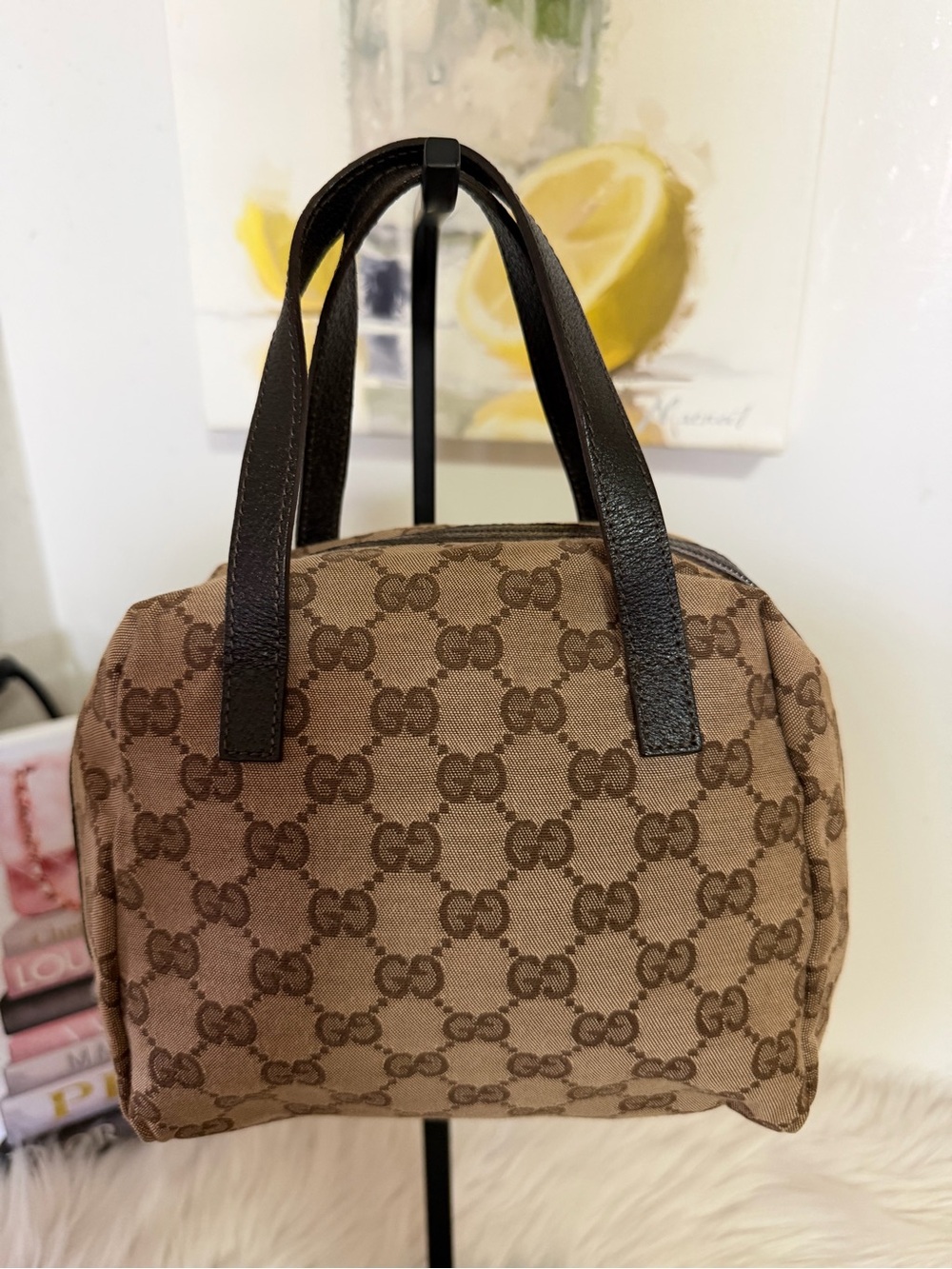 Gucci Brown GG Canvas Mini Boston Style Top-Handle Bag.
